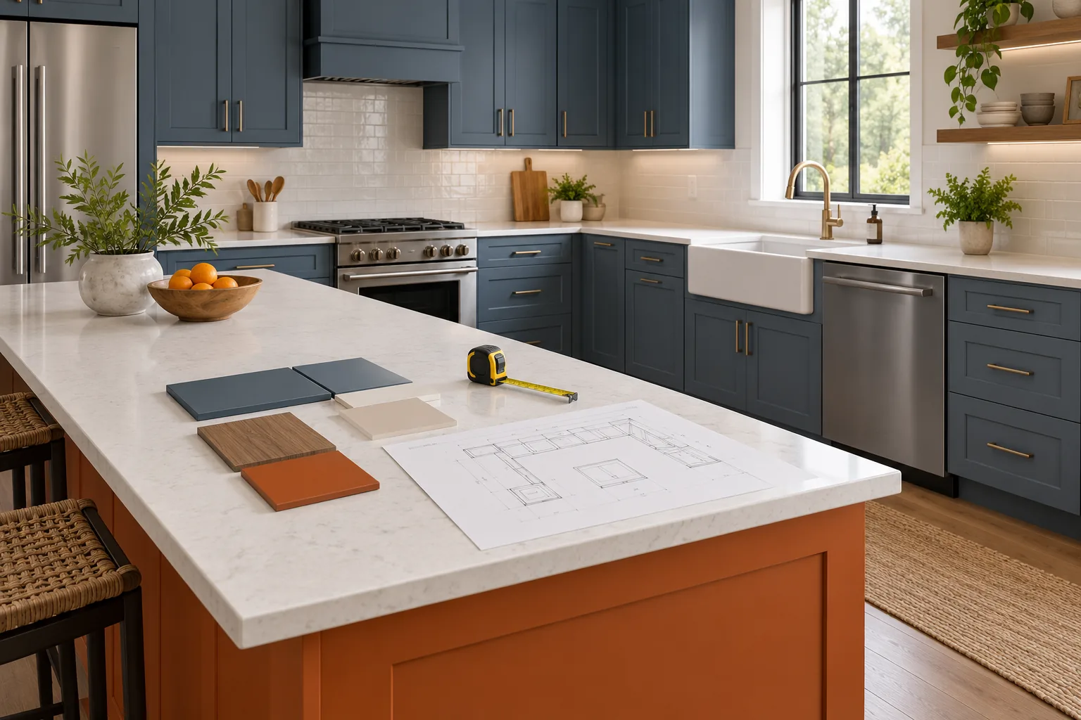 Slate-blue kitchen cabinets and an orange island end panel beside finish samples and a tape measure