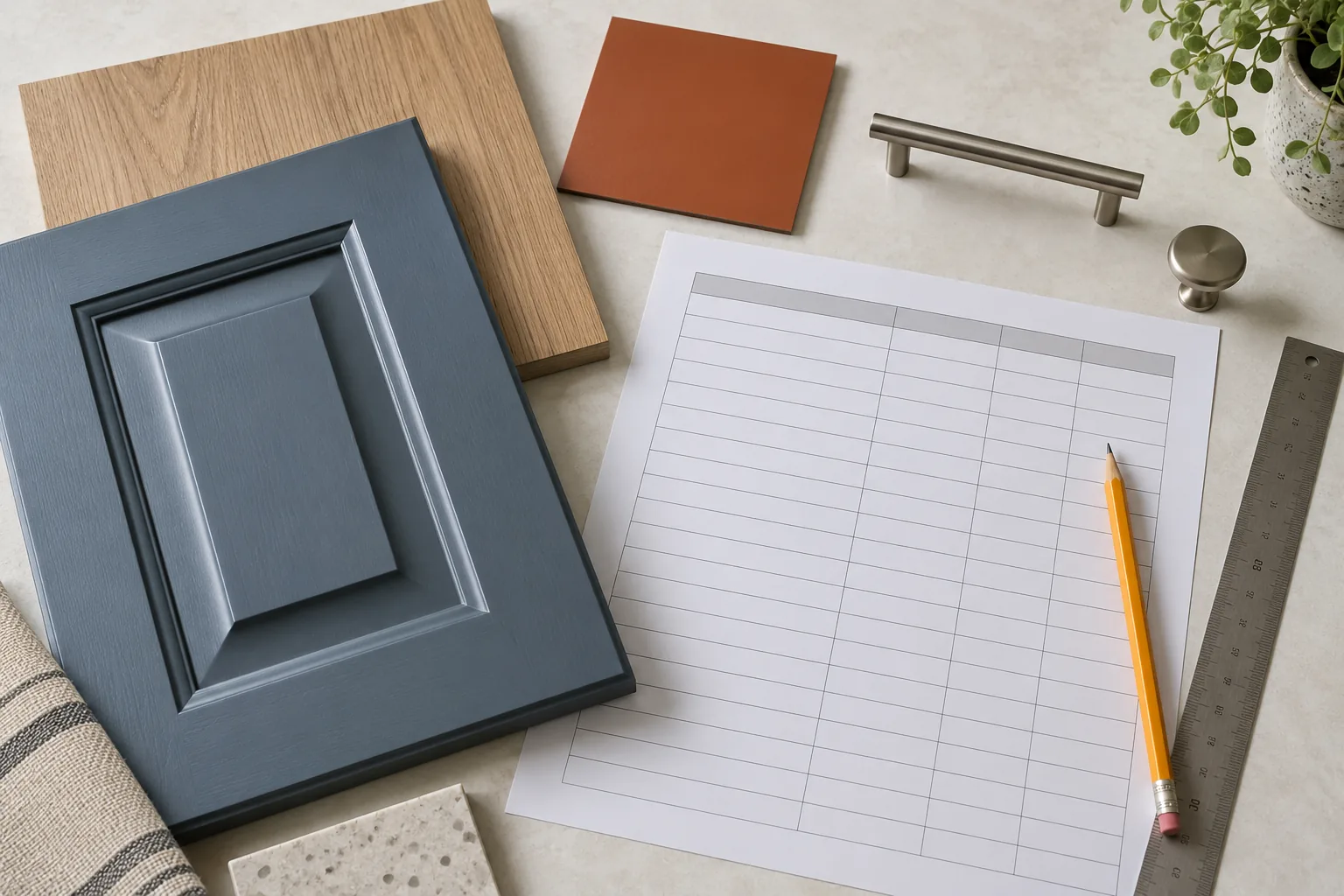 Slate-blue cabinet door sample, oak panel, hardware and a blank comparison sheet