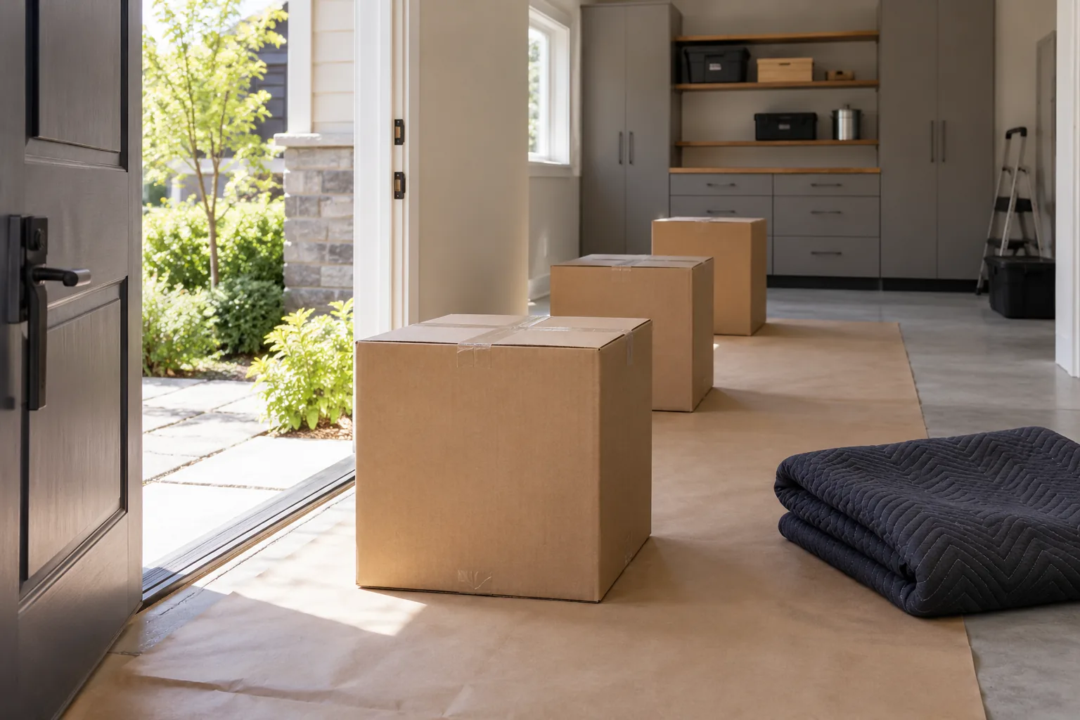 Plain cartons beside an open entry and protected floor with a folded moving blanket